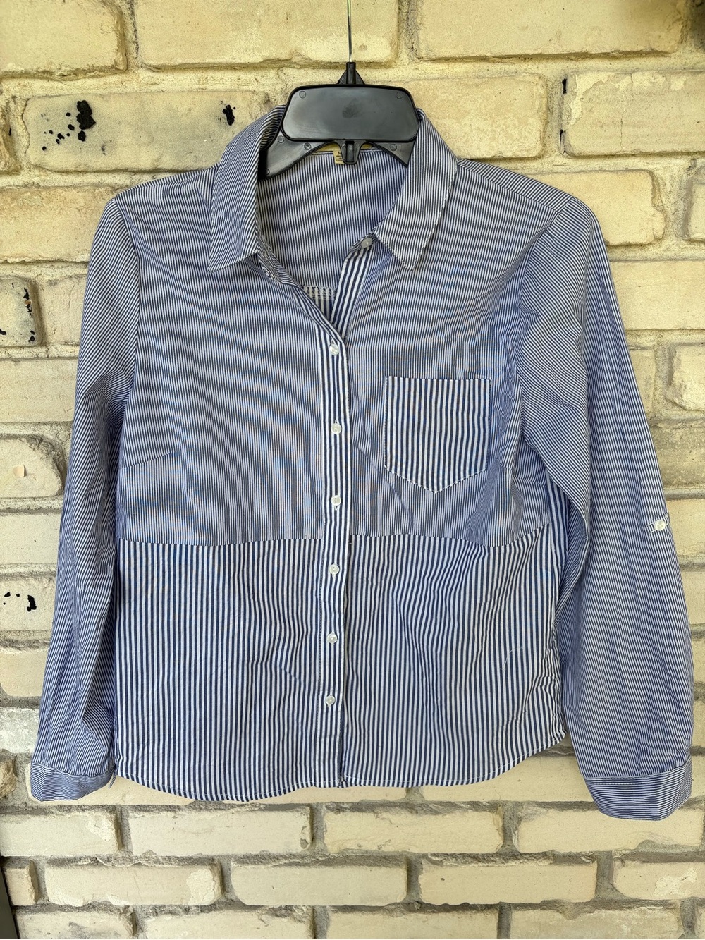 Love Notes Classic Blue Stripe Cotton Button-Up Shirt with chest pocket